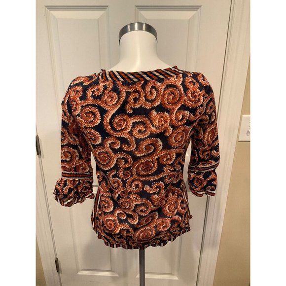Tory Burch Blue & Orange Paisley Tunic w/Ruffle & Tassel Tie Neck Top, Size 0 - Picture 5 of 6